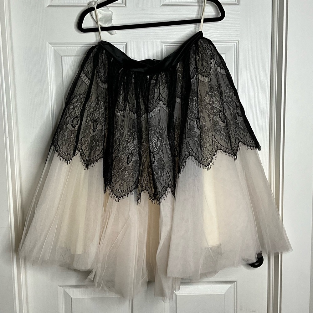 Champagne Tulle + Black Eyelash Lace Skirt Handmade - Waist 31” Length 27”